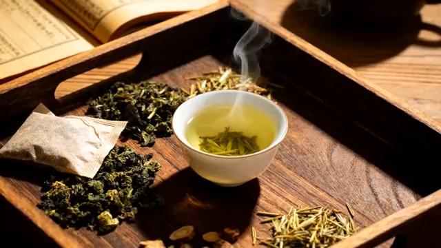  热气腾腾的绿茶茶杯1824#横屏 	 