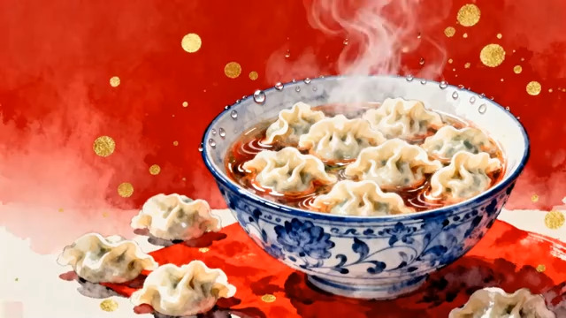  热气腾腾的青花瓷碗饺子1826#横屏 	 