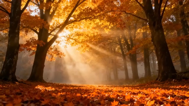  秋日阳光森林落叶1801#横屏 	 