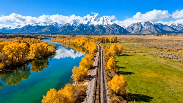  秋日铁轨与山水风光1795#横屏 	 