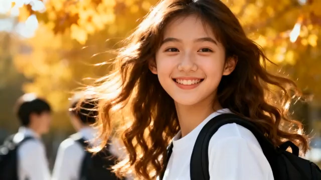  秋日校园少女微笑1798#横屏 	 