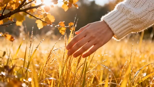  秋日清晨手拂麦田1789#横屏 	 