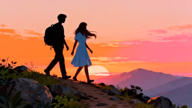  情侣登山看日落剪影1776#横屏 