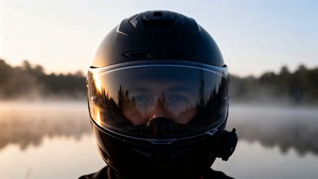  清晨湖边戴头盔的人1764#横屏 	 