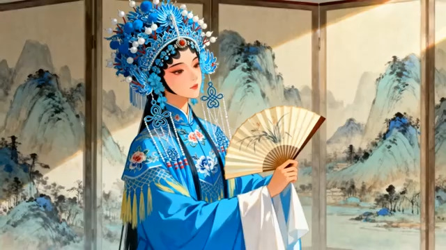  青衣持扇戏曲人像1755#横屏 	 