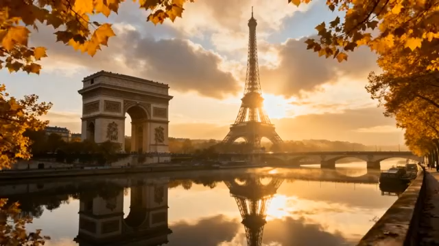 巴黎埃菲尔铁塔与凯旋门风景2709#横屏 