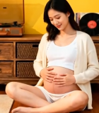 孕妇居家盘坐抚摸孕肚13721#横屏 