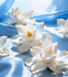 蓝色绸缎上的白色花朵素材336#横屏 