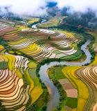 空中俯瞰多彩梯田与河流13513#横屏 