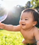 婴儿草地伸手抓泡泡画面12459#横屏 