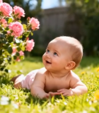 婴儿草地玩耍看向泡泡10328#横屏 