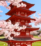 樱花盛开中的红色塔楼11078#横屏 