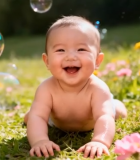 婴儿草地花丛中玩泡泡15036#横屏 