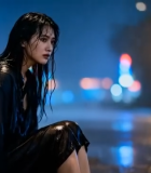 夜晚雨中独坐街边的女人5548#横屏 