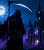 夜晚死神持镰刀站在古堡前8231#横屏 