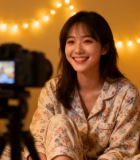 居家女性对着相机微笑录制1952#横屏 