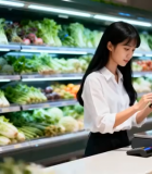 女性超市结账使用手机支付12086#横屏 