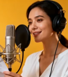 女性戴耳机对着麦克风录音13869#横屏 