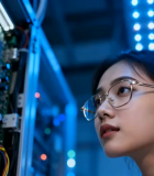 女性工程师检查电子电路板12328#横屏 