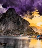 挪威山水间彩色小屋风景9159#横屏 