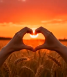 	 麦田中双手比心夕阳场景8938#横屏 