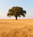 麦田中一棵孤树立于蓝天之下5417#横屏 