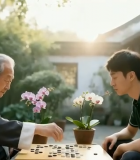 	 老人与年轻人庭院对弈场景3045#横屏 