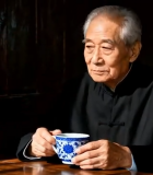 老人手持青花瓷杯品茶10023#横屏 
