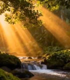 阳光照耀下的森林溪流13765#横屏 