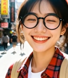 街头微笑的格子衫女孩3051#横屏 