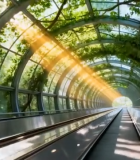 阳光照射的玻璃廊桥自动扶梯9384#横屏 