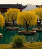 江南园林池塘柳树景观2189#横屏 