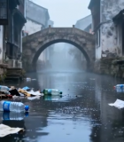 	 江南水乡河道垃圾漂浮景象8692#横屏 