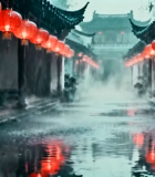 江南水乡雨中古建筑街道10875#横屏 