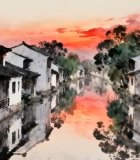 江南水乡古宅夕阳倒影景象12550#横屏 