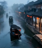 江南水乡古镇河道行船景象7149#横屏 