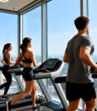 	 健身房内三人跑步机上锻炼9750#横屏 