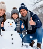 家庭雪地堆雪人合影(1)2692#横屏 