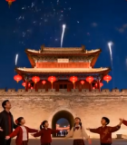 家庭节日夜晚古建筑前赏烟花4673#横屏 