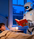 机器人给床上孩子读书场景6862#横屏 