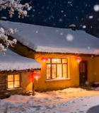 雪夜小屋挂红灯笼景象3747#横屏 