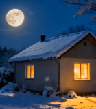 雪夜小屋与满月景象7934#横屏 