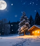 雪夜森林中的木屋与满月2570#横屏 