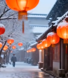 雪中街道悬挂的红色灯笼6451#横屏 