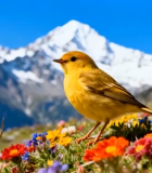 雪山下花丛中的黄色小鸟(1)12803#横屏 