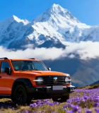 雪山下花海中的橙色越野车4704#横屏 