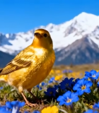 雪山下花丛中的黄色小鸟11159#横屏 