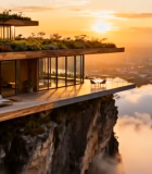 悬崖边现代别墅日落景观11915#横屏 