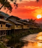 河边木屋夕阳自然风光9355#横屏 