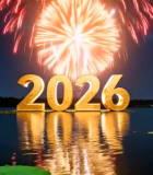 新年湖面烟花夜景8672#横屏 